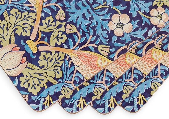 Pimpernel Morris & Co Strawberry Thief Blue Placemats, Set of 4 - Stain Resistant & Heat Safe Fabric-Feel Table Mats with Birds & Botanical Pattern for Stylish Dining & Entertaining