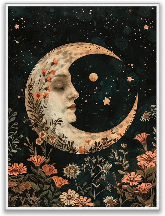 Dark Moody Crescent Moon William Morris Print,Dark Cottagecore Wall Art,Celestial Stars Floral Art Print,Witchy Academia Decor Vintage Cottagecore Decor for Bedroom Dorm 12x16in Unframed poster
