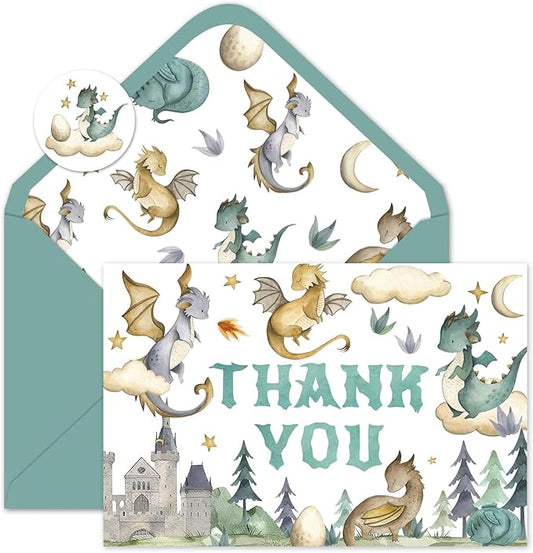 50 Pack Cartoon Dragon Baby Shower Thank You Cards Boxed Greeting Cards with Envelopes Stickers Blank Note Card for Birthday Party Supplies
