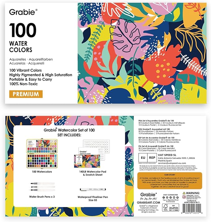 Grabie 50 Colors Premium All-In-One Water Color Paint Set - Detail Paint Brush Included, Watercolor Paints, Painting Sets, Art Supplies, Portable & Travel Watercolor Set, Amateur Hobbyists