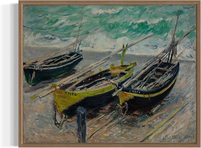 Three Fishing Boats Claude Monet Wall Art Print Poster, Impressionist Painting Wall Art Wall Decor, for Bedroom and Living room Bathroom Decor 115 (Three Fishing Boats, 8 x 10 inches, Wood Frame)
