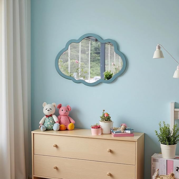 Small Blue Wall-Mounted Mirrors 12 X 16 Inch, Wood Frame Cloud Teal Mirror Decor for Living Room Hallway, Wall Hanging Handmade Distressed Finish Decorative Cute Nursery Mirrors for Wall Boy