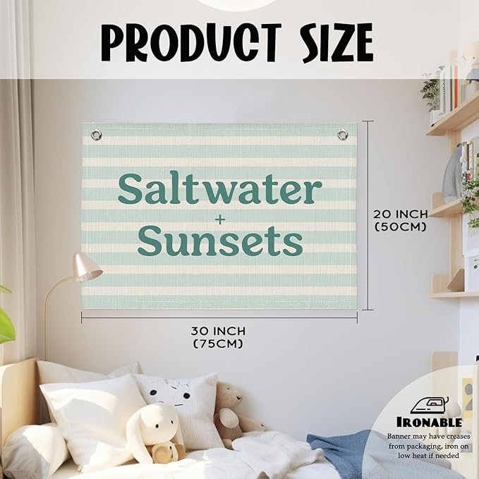 Beach Room Decor, Coastal Surf Banner, Saltwater Sunsets Linen Canvas Banner Wall Hanging Flag Decor for Toddler Boy Room Nursery Playroom