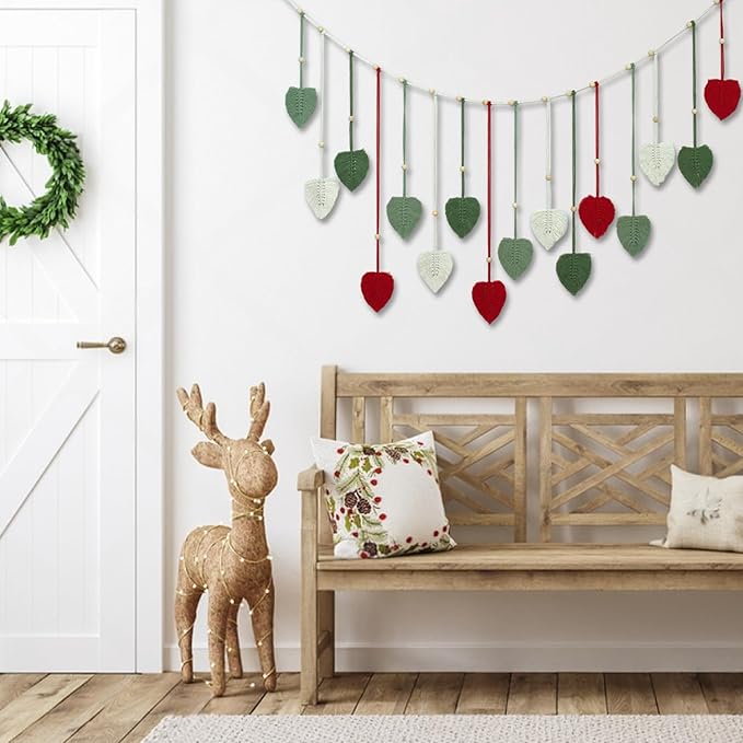 LB Christmas Macrame Wall Hanging Large, Red Feather with Wood Beads Boho Woven Tapestry Wall Hanging Macrame Wall Decor Handmade Red and Green Wall Art for Living Room Bedroom Nursery, 47x30 Inch