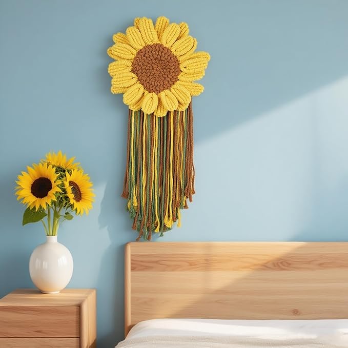 Macrame Sunflower Wall Hanging Handmade Woven Flower Home Decor Tassle for Room Office(12.9" x19.68" Inches)