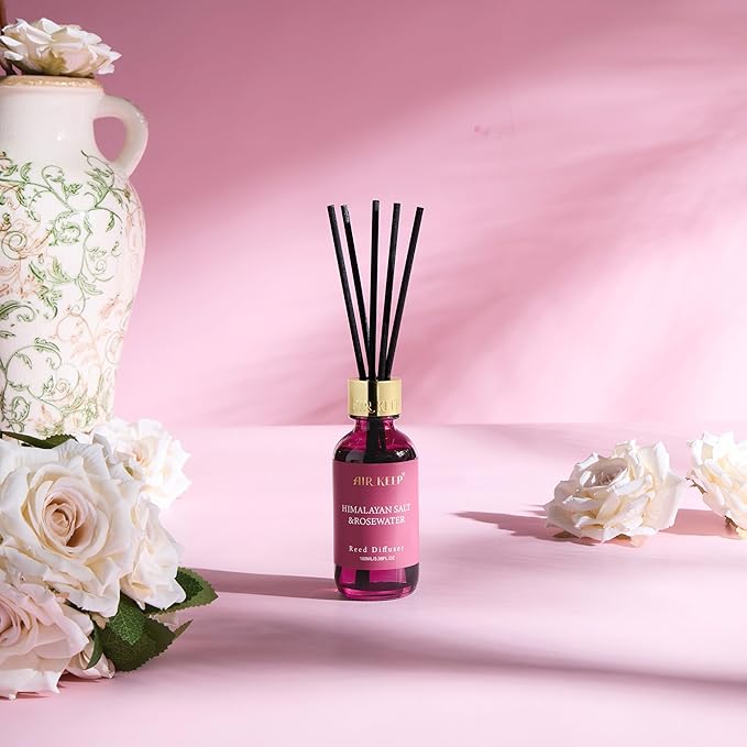 Airkeep Reed Diffuser Set, 3.38 fl oz (100 ml) - Himalayan Sali&Rosewater Oil Diffusers with 8 Reed Sticks, Home Fragrance Reed Diffuser for Bathroom Shelf Decor