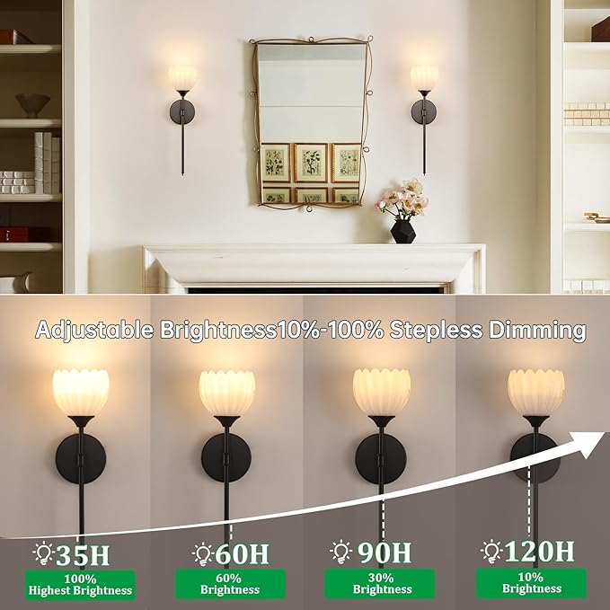 Battery Operated Wall Sconce Set of 2, White Tulip Vintage Wall Light Fixture Rechargeable 5000mAh Battery Powered Wall Lamp with Remote for Living Room Bathroom, Black