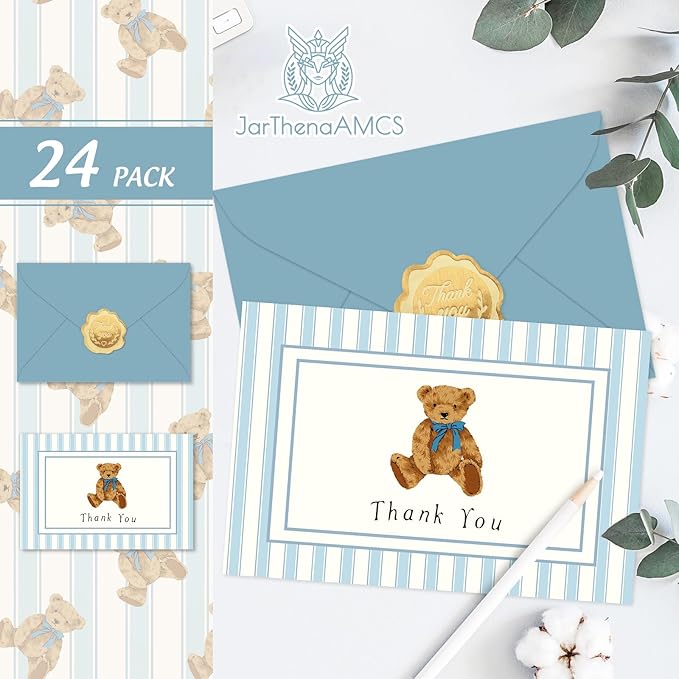 JarThenaAMCS 24 Pack Bear Thank You Cards Blue Stripe Bear Greeting Cards with Envelopes Stickers Cute Blank Note Card for Birthday Baby Shower Party Supplies, 4 x 6 Inch