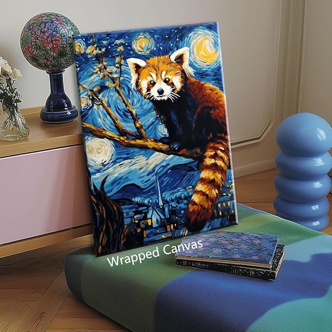 Red Panda Canvas Wall Art, Creative Starry Night Oil Painting Reproduction, Funny Panda Picture Classic Blue Aesthetic Poster, Famous Artist Artwork Print Animal Lover Gift 16x24in Wrapped Canvas