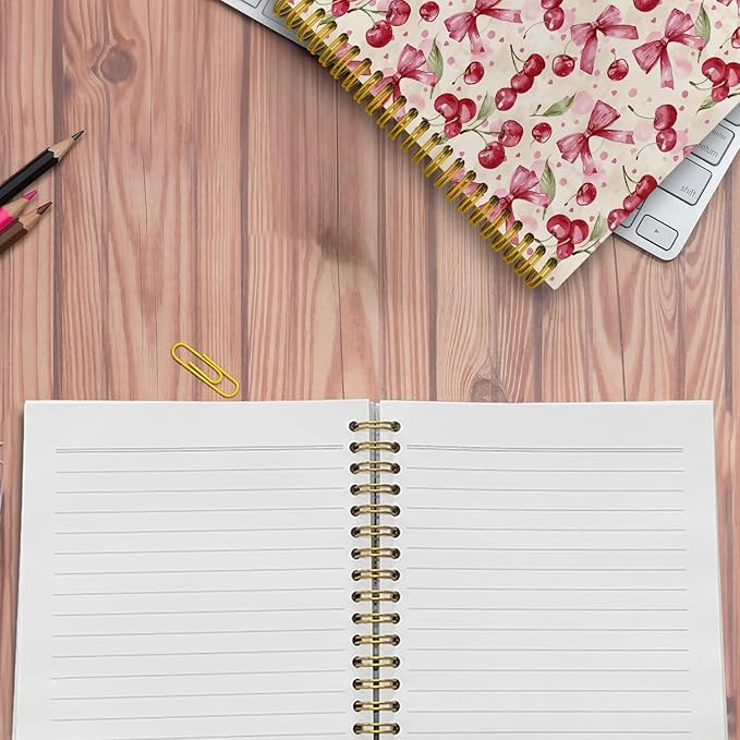 Coquette Pink Bow Cherry Spiral Notebook for Women Girls, Vintage Journaling Notebooks, Cute Pink Notebook Journal, Pink Office Supplies, Hardcover Spiral Lined Notebook 5.5 x 8.3