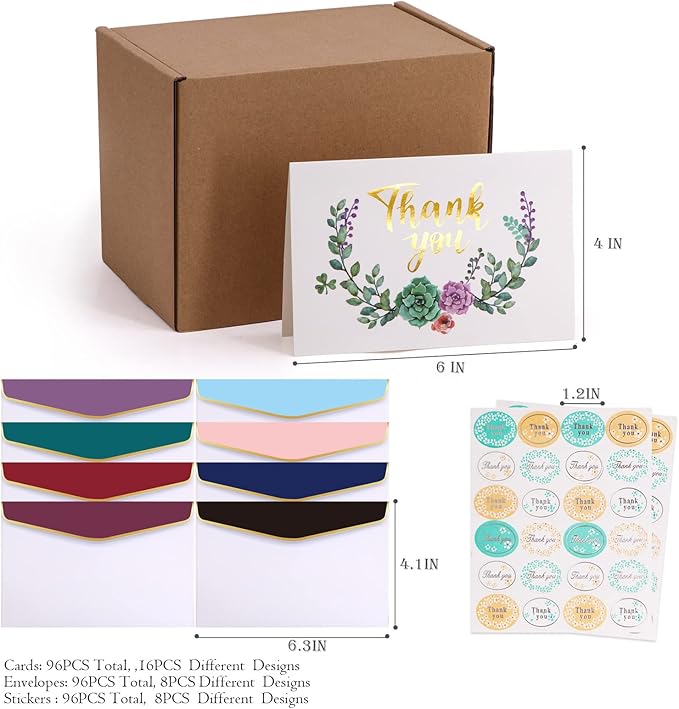 ACELION (96Pack) Thank You Card Set Gold Foil Printed with Envelope - Includes Stickers, Great for Weddings, Birthday Parties, Baby Showers, Graduation