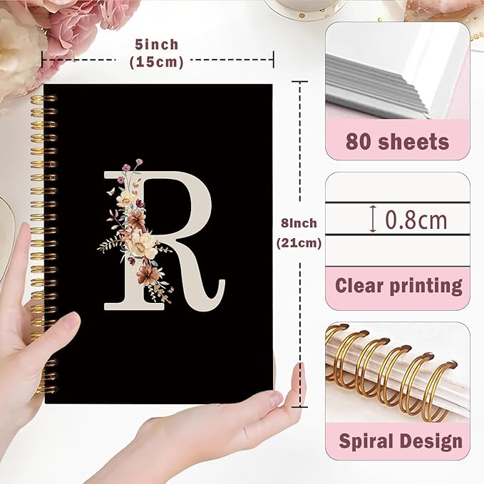 Lacama Black Initial Letter R School Notebook Journal, Cute Wildflower Personalized Spiral Notebook, School Supplies, Customized Monogrammed Gifts, Birthday Gifts for Women, Office Supplies