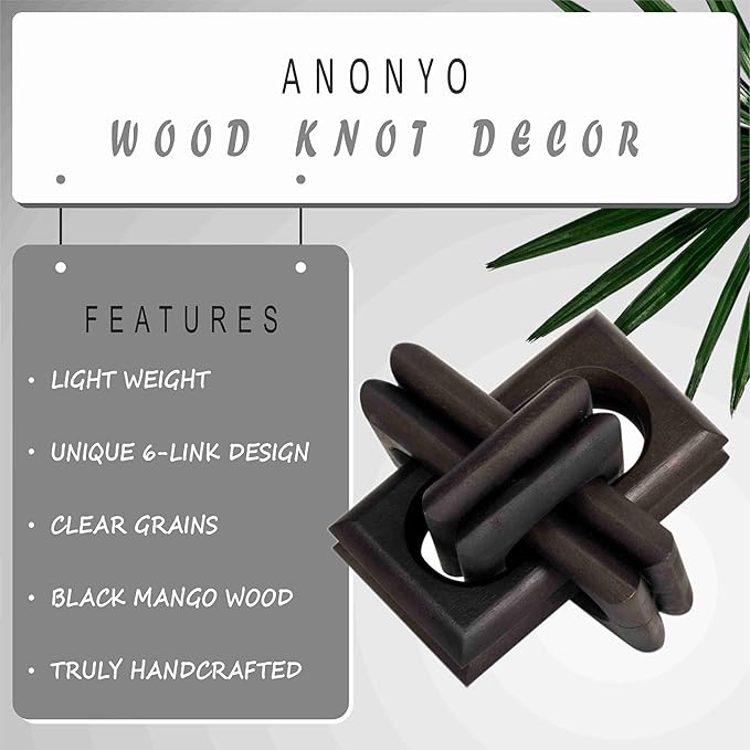 ANONYO Boho Wooden Chain Links Decorative Object for Coffee Table & Shelf | Handmade Mango Wood Knot Sculpture | Rustic Modern Arch Décor for Living Room, Entryway, Console,Office Home Accent (Black)