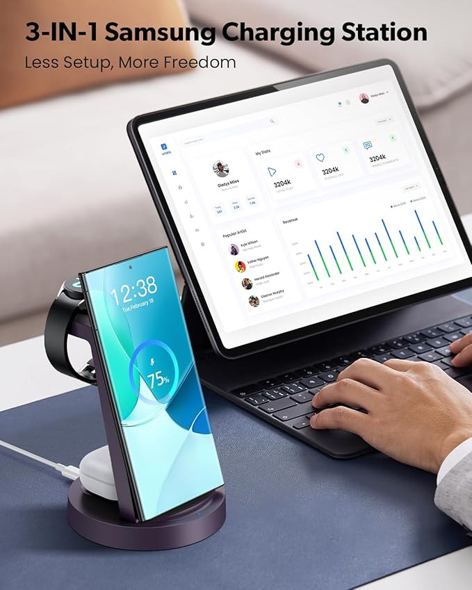 Wireless Charger for Samsung: 3 in 1 Wireless Charging Station for Samsung Galaxy Watch 8 7 6 5 4 3 Pro Classic Galaxy Buds - Charger Dock Stand for S25 S24 Ultra S23 S22 S21 Note Z Fold Android
