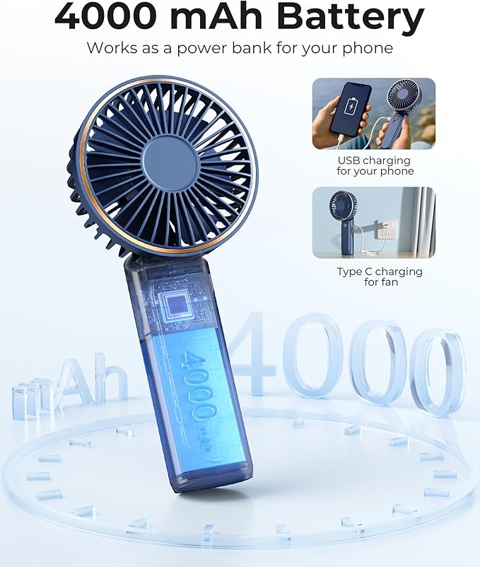 Portable Handheld Fan, Portable Fan Rechargeable, 4000mAh, 180° Adjustable, 6 Speed Wind, Display Electricity in Real Time, USB Rechargeable Foldable F an, Quiet Personal Fan with Power Bank