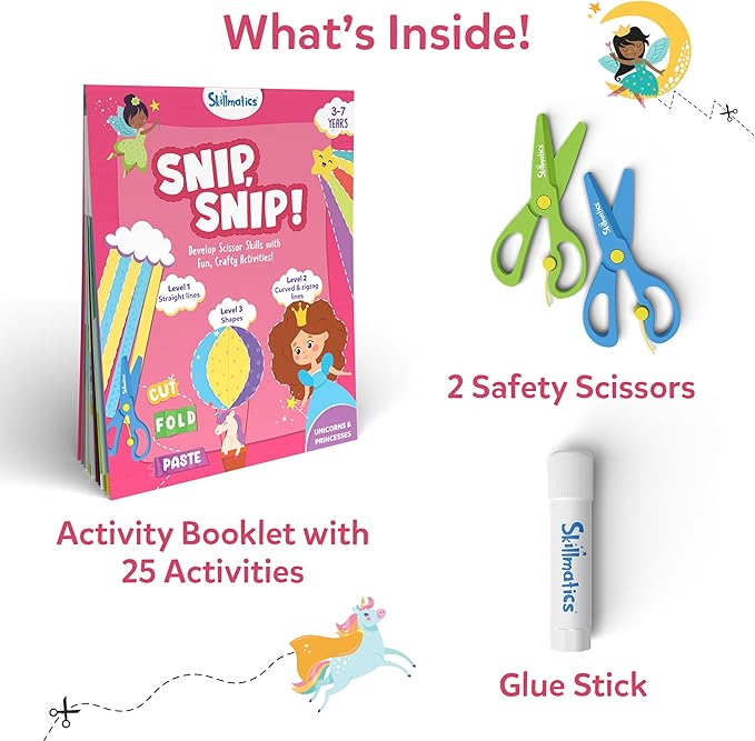 Skillmatics Scissor Skills Activity Book - Snip Snip Unicorns & Princesses, 25 Fun Cutting & Creative Activities for Preschoolers, 2 Child-Safe Scissors, Felt Craft Kit, Gifts for Ages 3, 4, 5, 6, 7