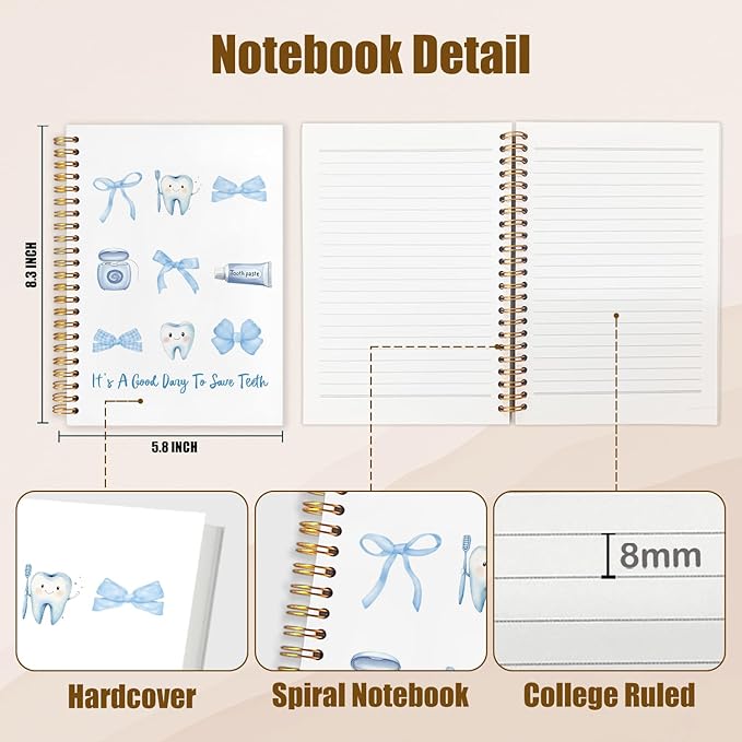 WUCHJ Dentist Gifts Notebook, Dental Hygienist Gifts Journal, Coquette Blue Bow Dental Spiral Notebook Journal for Note Taking, Dentist Office Supplies, 5.5x8.3 Inch
