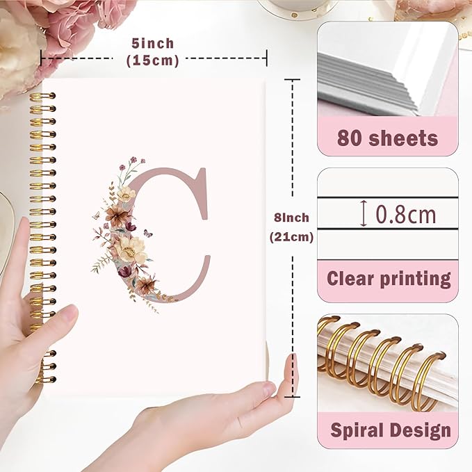 Lacama Customized Monogrammed Gifts, Pink Initial Letter C Notebook Journal, Aesthetic Wildflower Personalized Spiral Notebook, Birthday Gifts for Women, School Supplies, Office Supplies 5.5x8.3