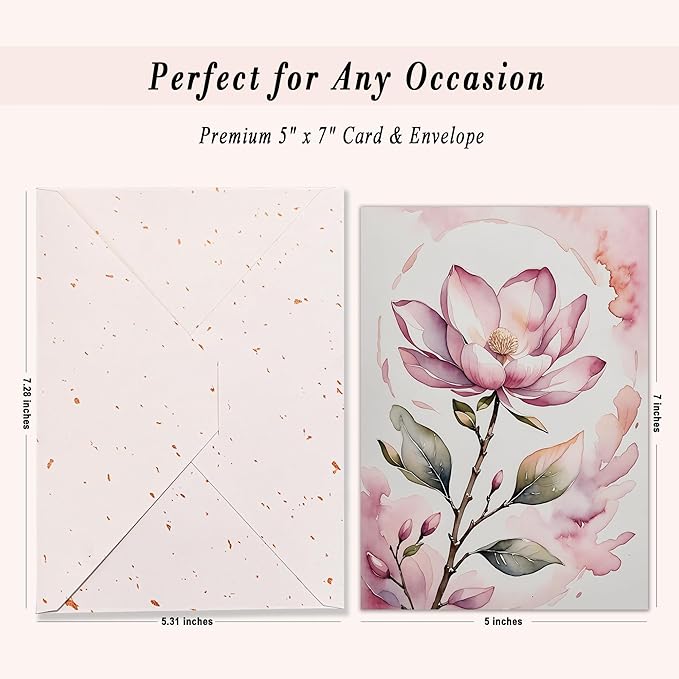 Blank Inside Card with Envelope for All Occasion, 5x7 Inch Watercolor Magnolia Blank Greeting Card – Birthday, Thank You, Sympathy - Single Card