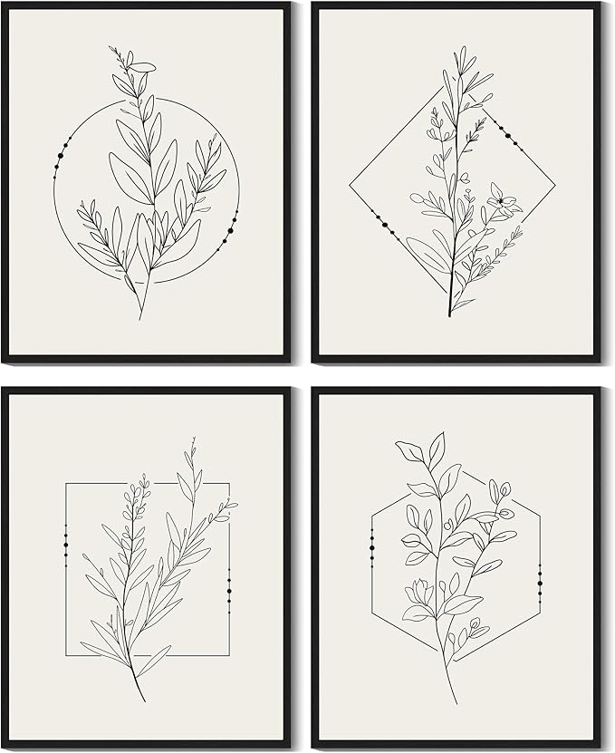 Drsoum Botanical Flower Boho Framed Wall Art Wooded Minimalist Aesthetic Floral Prints Farmhouse Retro Plants Rustic Bathroom Kitchen Home Decor Ready to Hang 8x10inx4pcs (Black Framed)