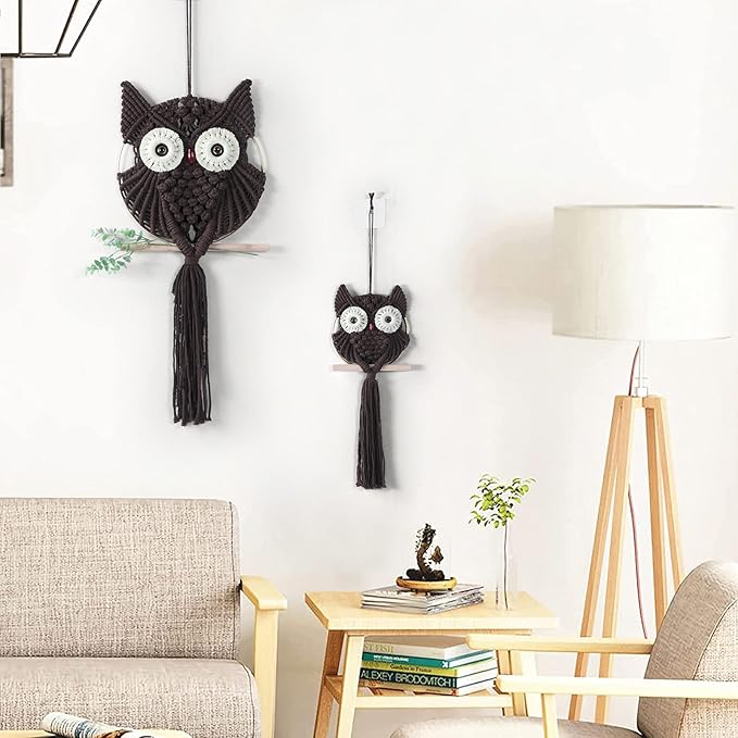 MVSUTA Owl Chocolate Cotton Handmade Macrame Wall Hanging Tapestry Home Decor Art and Bronze Craft Wonderful Decoration Woven Boho Ornament for Office Bedroom Apartment Living Room Nursery