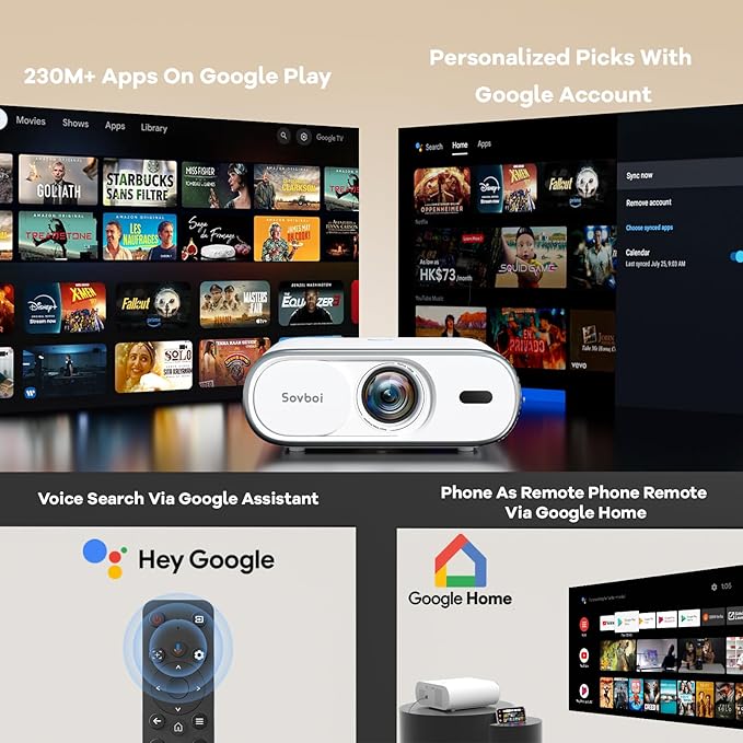 Projector Compatible with Google TV|1800 ANSI|Auto Lens Cap&4D Keystone|Auto Focus|Voice Control Portable Outdoor Projector 4K with WiFi and Bluetooth, Sovboi Smart Proyector for Netflix Home Theater