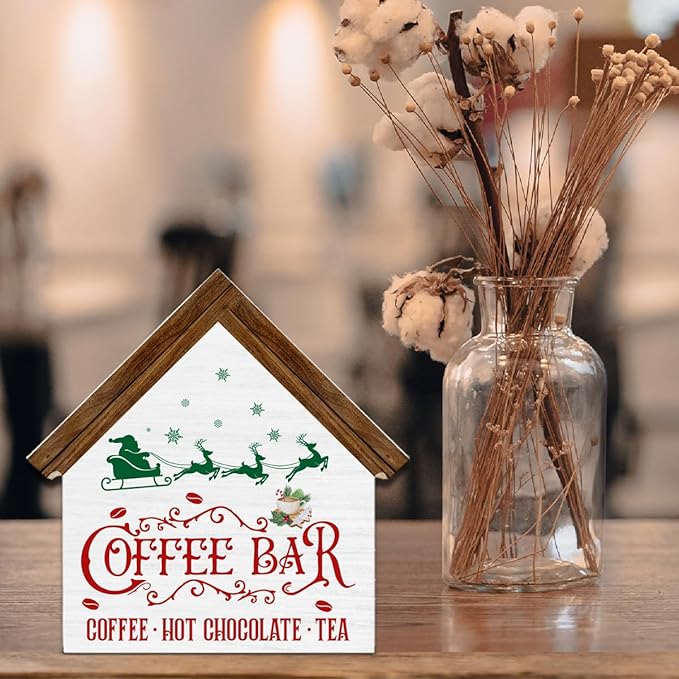 Vintage Christmas Coffee Bar Decor, Kitchen Christmas Decorations, Rustic House Shaped Wooden Sign, Xmas Decor for Farmhouse Home Kitchen