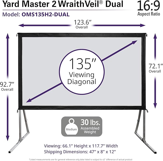 Elite Screens Yardmaster 2 DUAL Projector Screen, 135-INCH 16:9, Front and Rear Wraith Veil 4K / 8K Ultra HD, Active 3D, HDR Ready Free Standing Outdoor Movie Screen, OMS135H2-DUAL