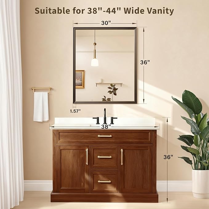 Retro Copper Effect Framed Wall Mirror, 30x36 Rectangle Mirror, Anti-desilvering Tempered Glass, Sustainable&Sturdy Frame, Anti-Rust, HD Reflection &3min Fast Setup for Bathroom Living Room