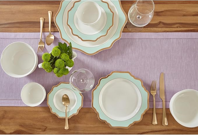 Solino Home Linen Table Runner 108 Inches Long - 100% Pure Linen Chambray Lavender Table Runner 14 x 108 Inch for Spring, Easter, Valentines - Milan Hemstitch