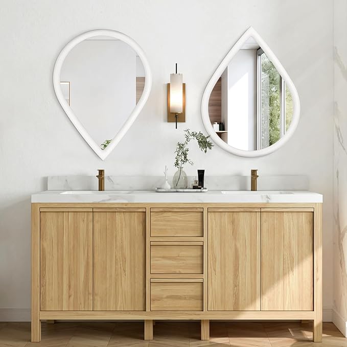 White Vintage Mirror Teardrop Wall Hanging Mirror Wood Frame 26 X 18 Inch Wall Mirrors Decorative for Entryway Living Room Bathroom Hallway Home Decor
