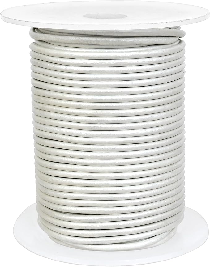 GENIQUE Real/Genuine Round Leather String Cord for Necklace, Bracelets, Jewellery, Braiding (1.5mm, Pearl White Metallic)