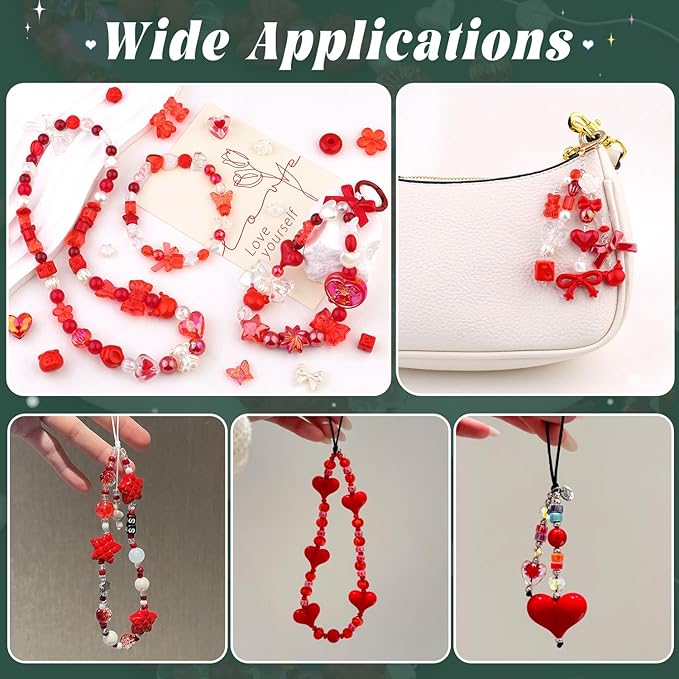200-260PCS TINKRSTUFF Assorted Acrylic Beads Red Cute Beadsfor Bracelet Making, Bow Flower Butterfly GummyBear Kawaii Charms, Aesthetic Bead for Necklace Keychain Jewelry Making DIY Phone Charm