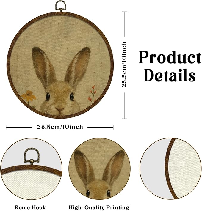 Round Wall Art Framed,Vintage Rabbit Wall Art,Retro Animal Design Hanging Round Wall Decor for Bedroom Living Room,or Office,Easter or Christian Gifts 10x10inch (Rabbit)