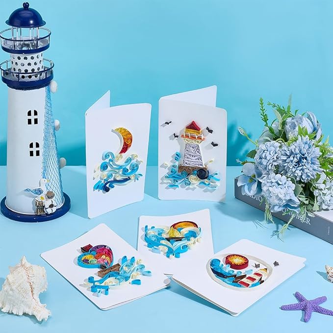 WEBEEDY 20 Sets Paper Quilling Kit for Adults Beginners 5 Styles Lighthouses Boats Waves Love Theme Quilling Greeting Card Making Kit with Instruction Ideal Gift for Sailing Enthusiasts