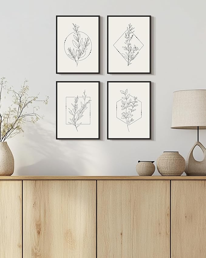 Drsoum Botanical Flower Boho Framed Wall Art Wooded Minimalist Aesthetic Floral Prints Farmhouse Retro Plants Rustic Bathroom Kitchen Home Decor Ready to Hang 11x14inx4pcs (Black Framed)