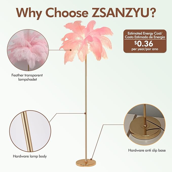 ZYLEIESENBAO Pink Feather Lamp Romantic Ostrich Feather Floor Lamp Nordic Fluffy Standing Light for Girl Bedside Creative Furry Floor Lamp for Sofa Living Room Corner in Bedroom Hotel Wedding