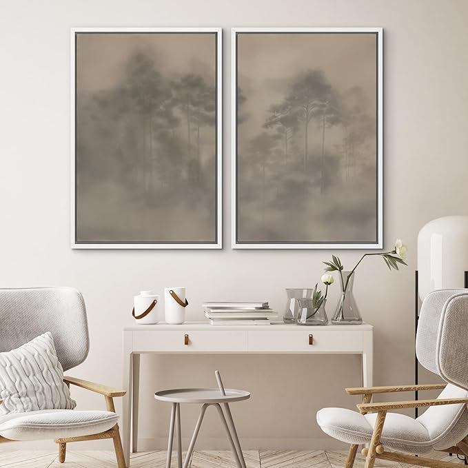 SIGNWIN Framed Canvas Print Wall Art Set Foggy Pine Forest Minimalist Monochrome Nature Illustrations Modern Art Scenic Colorful for Living Room, Bedroom, Office - 16"x24"x2 White