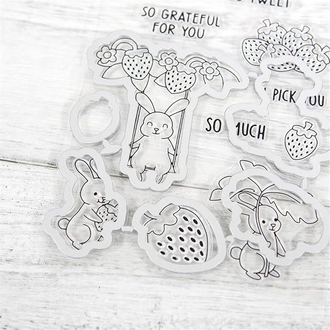 Strawberry Leaf Rabbit Stamps and Cutting Dies for Card Making DIY Transparent Silicone Clear Stamp and Metal Die Cuts Sets for Scrapbooking Paper Greeting Cards Decor Seals Craft Supplies