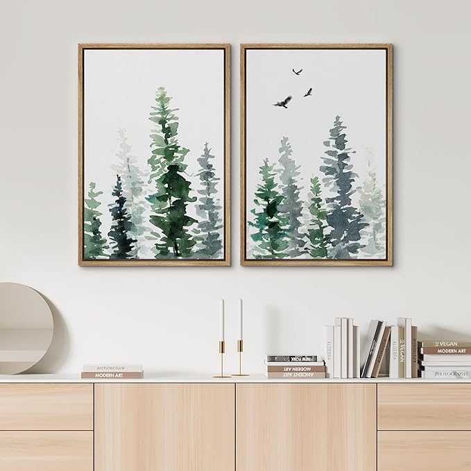 SIGNWIN Framed Wall Art Print Set Watercolor Green & Gray Forest and Birds Nature Wilderness Illustrations Modern Art Rustic Relax/Calm Multicolor for Living Room, Bedroom, Office - 24"x36"x2 Natural