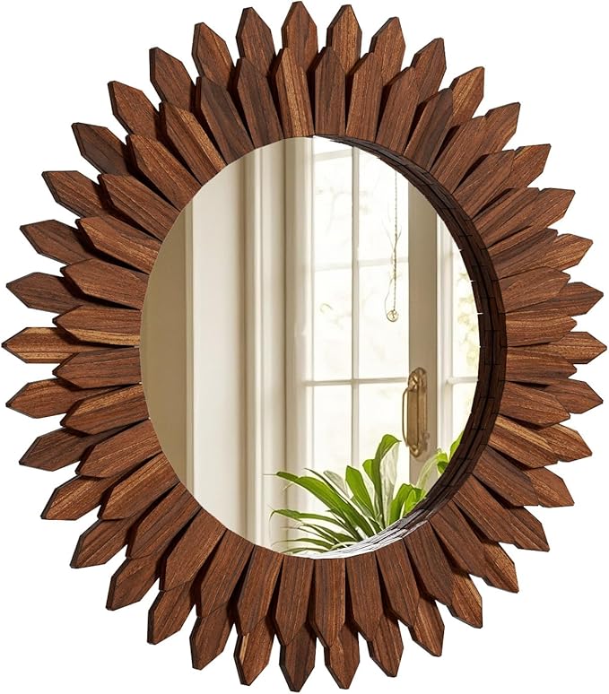24 Inch Walnut Boho Wall Decor Sunburst Mirror - Round Wooden Wall Decor, Handmade Rustic Circular Mirror for Living Room, Bedroom, Entryway, Office