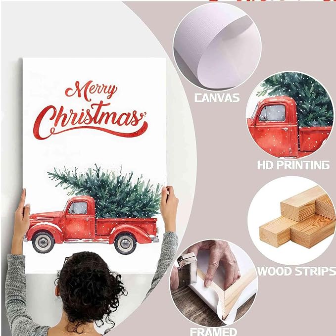 Framed Canvas Wall Art Christmas Truck Print Red Vintage Pickup Truck Christmas Tree Home Decor Holiday Wall Art Watercolor Painting 8x12in Wood Framed