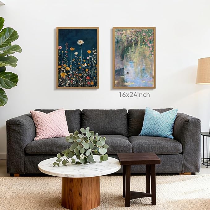 CAZLOUC Vintage Wildflower Wall Art, Colorful Botanical Flower Wall Decor, Rustic Dark Blue Floral Canvas Painting, Classic Minimalist Poster Print for Bedroom Office Wood Framed 12x16 Inch