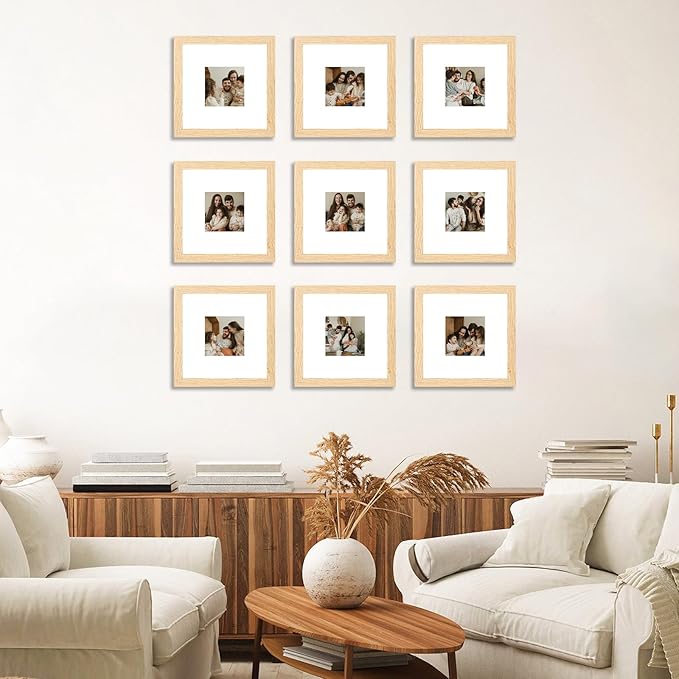 8x8 Picture Frame Set of 9, Photo Gallery Wall Frame Set, Display Pictures 4x4 with Mat or 8 x 8 Without Mat, Square Frame Picture Frames Collage Wall Decor, Natural Oak