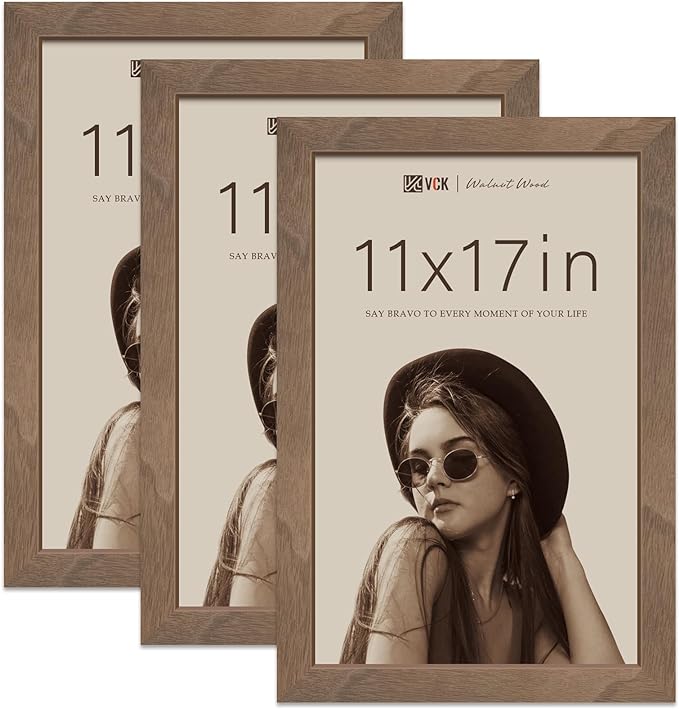 VCK 11x17 Picture Frame 3 Pack - Brown Walnut, Natural Wood Grain Solid Wood Poster Frame, Wall Gallery Frame