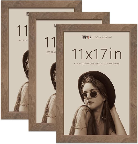 VCK 11x17 Picture Frame 3 Pack - Brown Walnut, Natural Wood Grain Solid Wood Poster Frame, Wall Gallery Frame