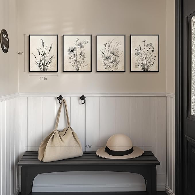 Framed Boho Vintage Botanical Wall Art, 4 Piece Neutral Rustic Floral Canvas Painting Prints for Modern Farmhouse, Black and White Flower Pictures for Living Room Bedroom Dining Room Wall Decor, 11x14