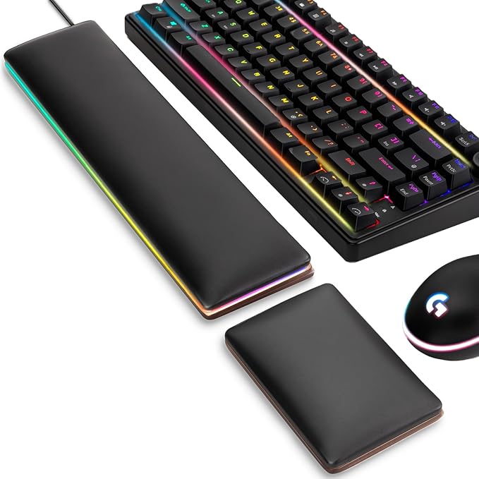 ASFSKY RGB Keyboard and Mouse Wrist Rest Set – Ergonomic Wooden Wrist Support Pad with PU Leather & Memory Foam, Anti-Slip Rubber Base Wrist Cushion for Gaming, Office & Typing Pain Relief
