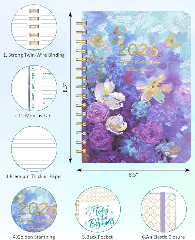 2026 Weekly and Monthly Planner - 2026 Hardcover Calendar Planner, Jan. 2026 - Dec. 2026, Daily Agenda Book with Tabs, Twin-Wire Binding, Back Pocket, School Teacher Student Supplies, A5(6.3" x 8.5") (Flower)