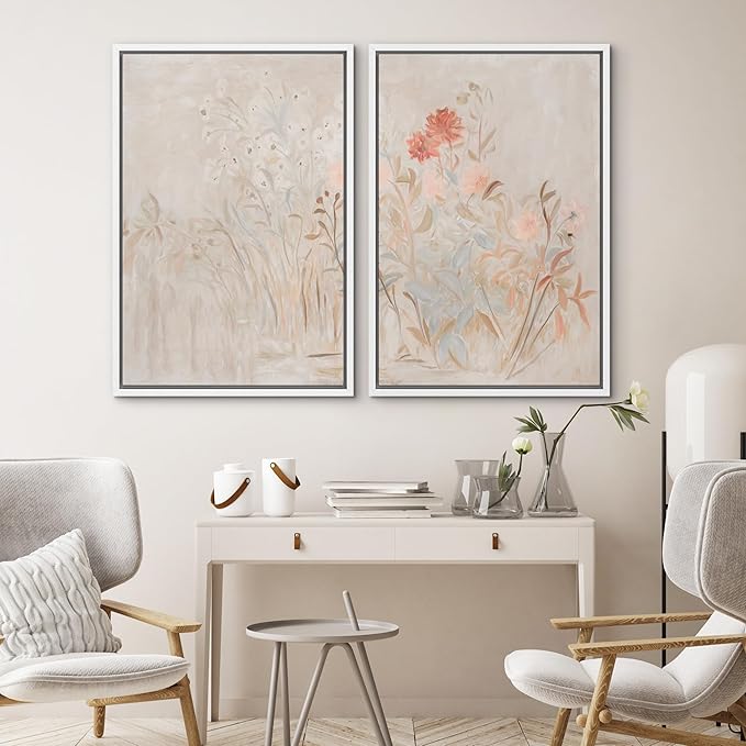SIGNWIN Framed Canvas Print Wall Art Set Soft Pastel Wildflower Botanical Floral Illustrations Modern Art Scenic Colorful for Living Room, Bedroom, Office - 16"x24"x2 White